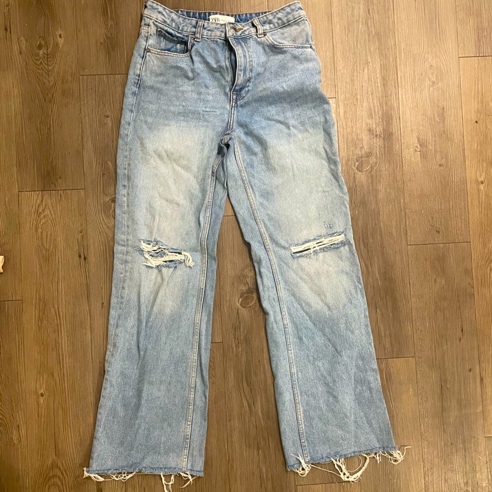 Zara Hi-Rise Wide Leg Full Length Ripped Jeans